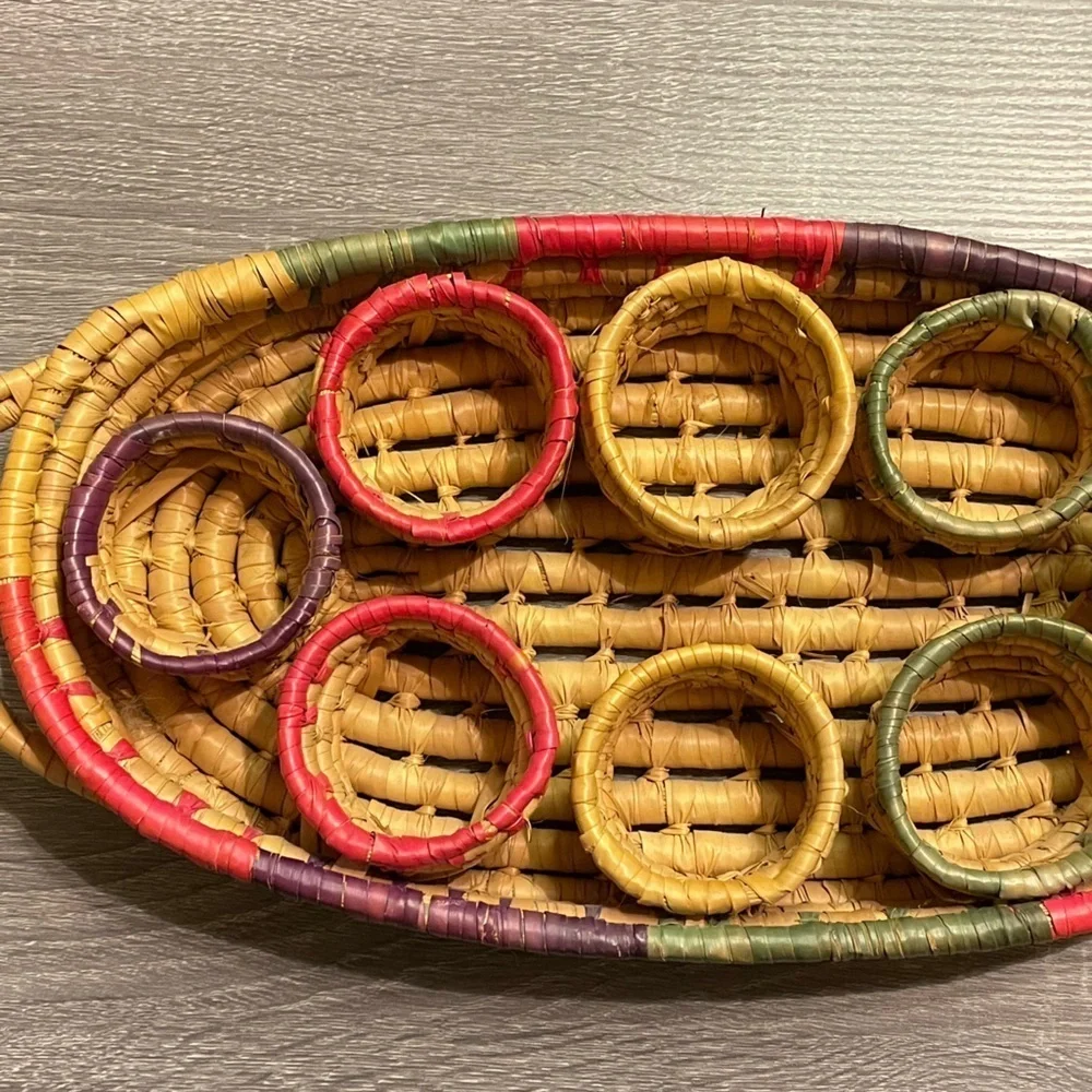 Wicker Woven Rattan Drink Caddy Holders Boho Barware Handles Colorful
